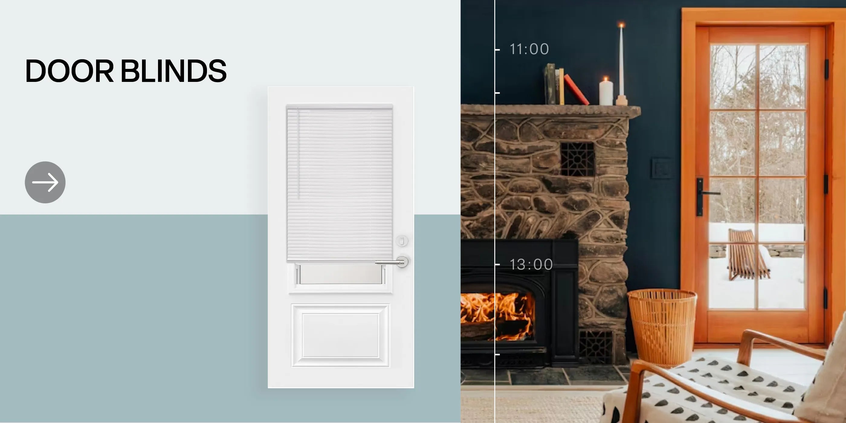 A horizontal promotional banner divided into two sections. The left side features a clean, graphic layout with the text 'DOOR BLINDS' above an image of a white door with integrated white horizontal blinds. The right side shows a warm, cozy interior featuring a stone fireplace with a fire burning, a tall white candle, and a glass-paneled wooden door looking out onto a snowy winter landscape.