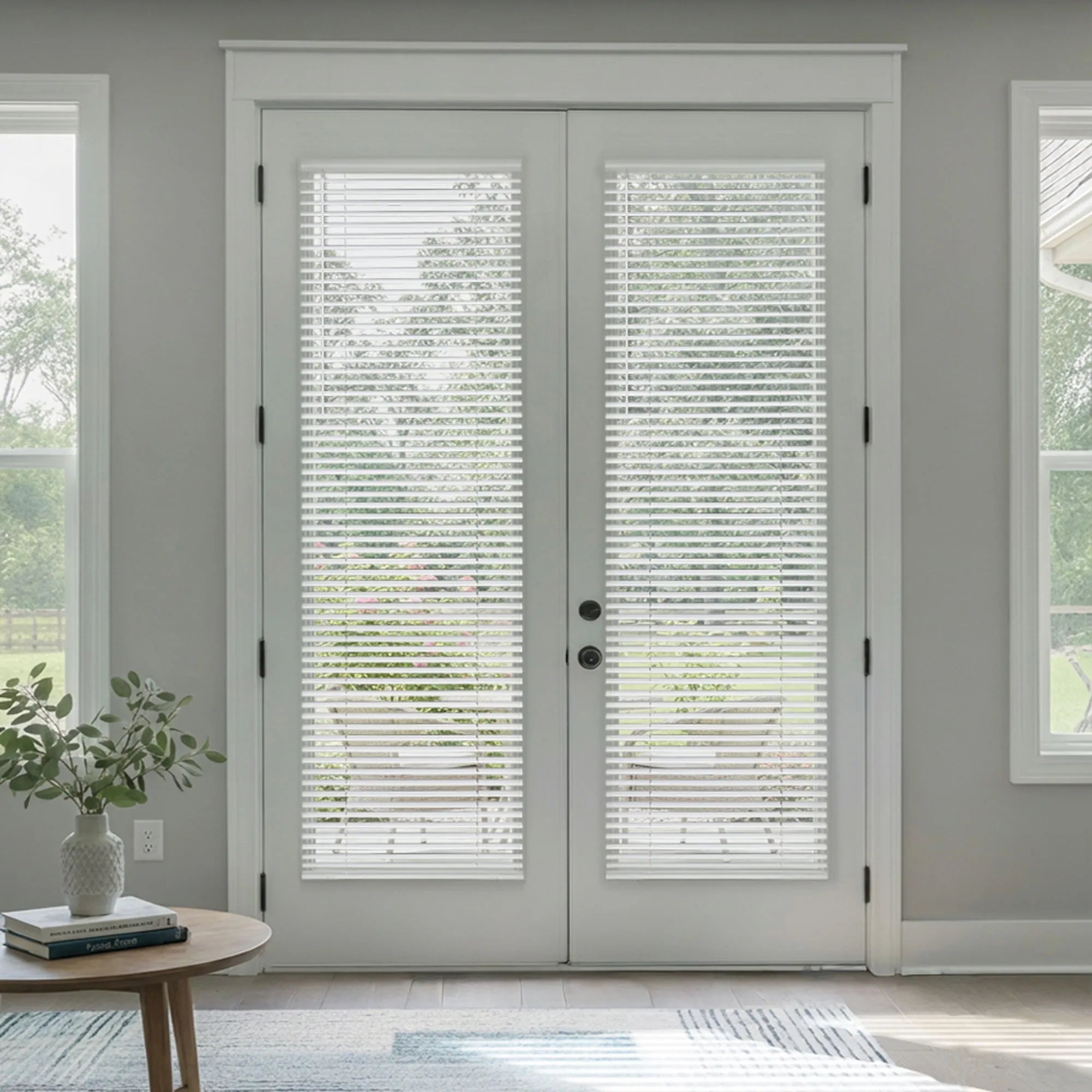 A bright, airy living space featuring white double French doors with large glass panes covered by white horizontal blinds. The doors look out onto a lush green backyard, with a soft blue-patterned rug on the floor and a small round wooden table in the foreground holding books and a potted plant.