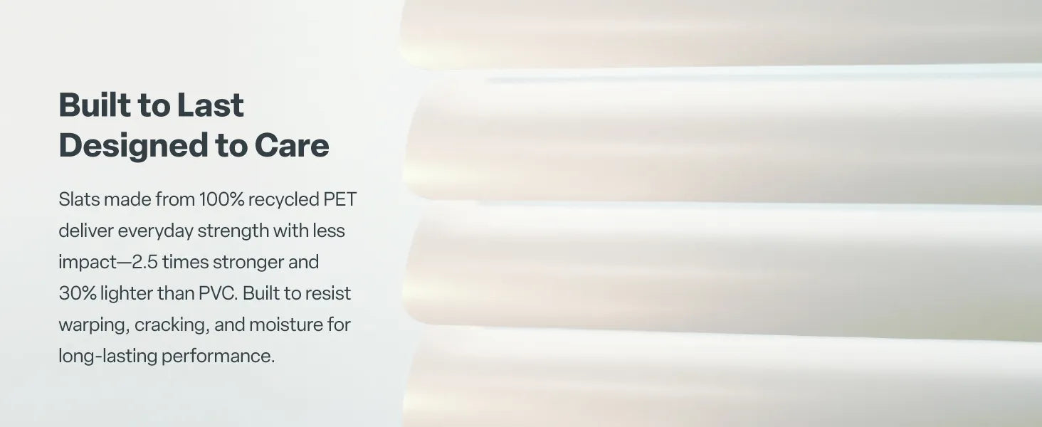 Close-up of white horizontal blind slats. To the left, a text block on a light background reads 'Built to Last, Designed to Care,' explaining that the slats are made from 100% recycled PET and are resistant to warping, cracking, and moisture.