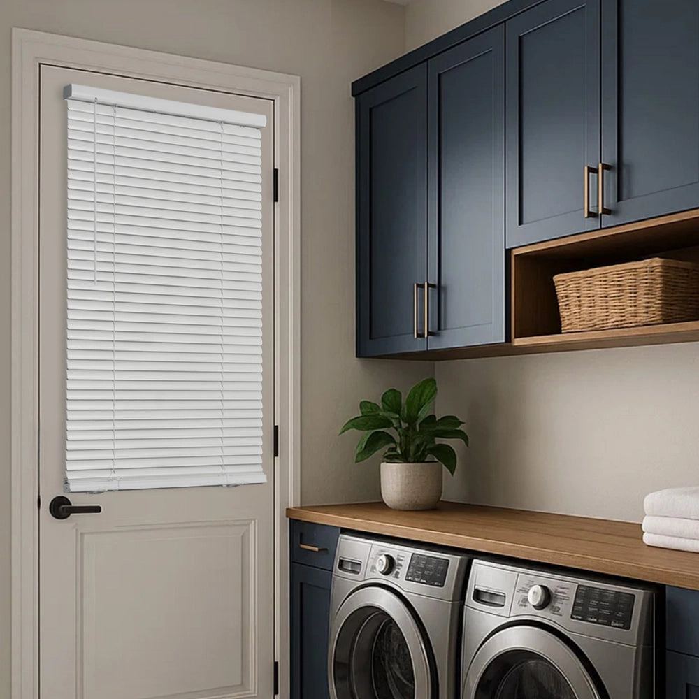 Cordless magnetic mini blinds installed on laundry room door window