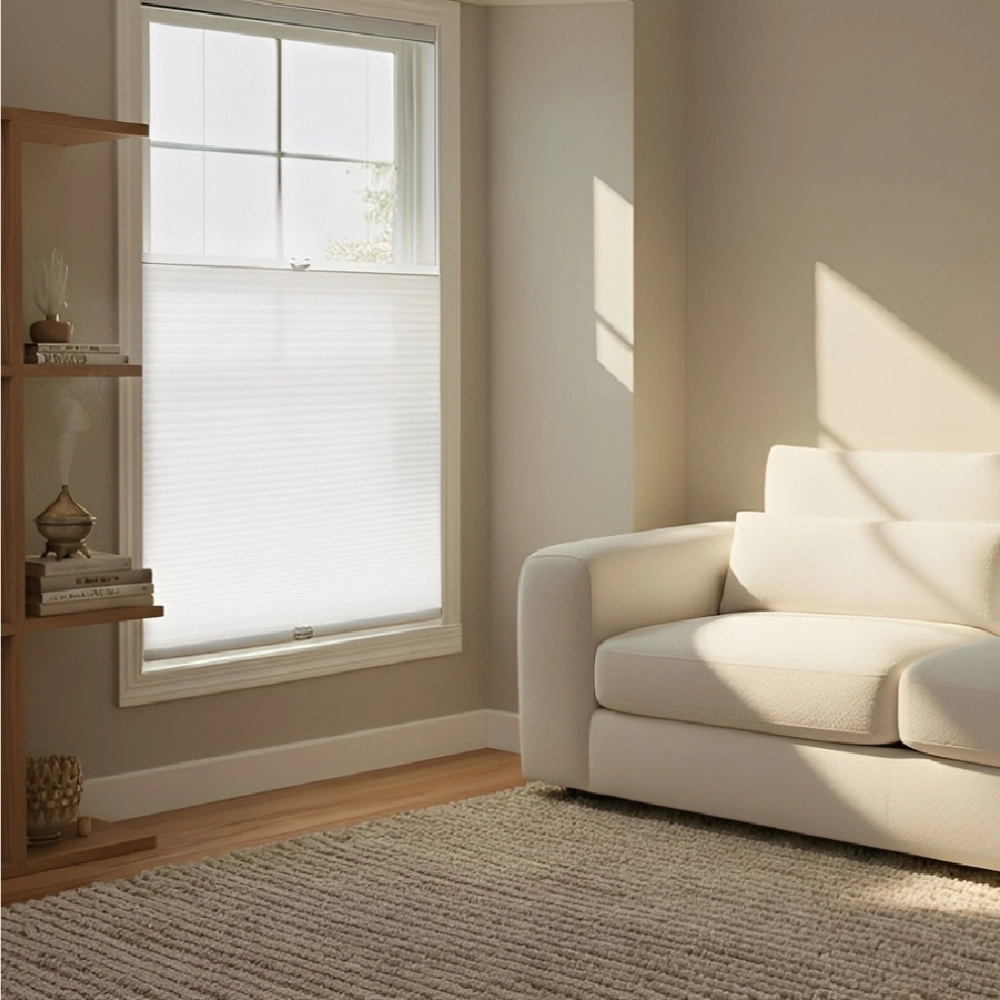 White top down bottom up shade in a sunlit living room.