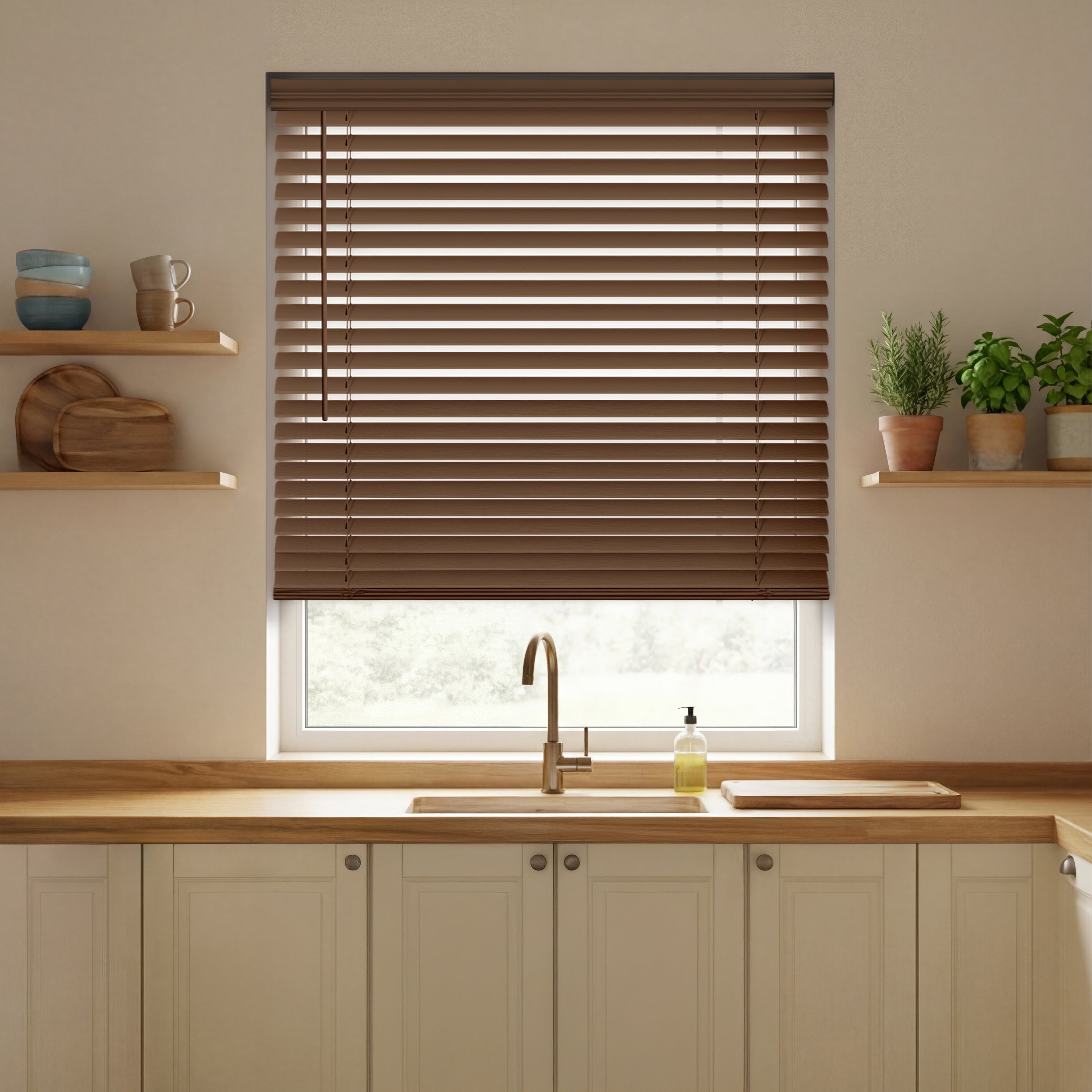 A minimalist, modern kitchen featuring chestnut-colored faux wood horizontal blinds over a window above a sink. The scene includes light wood countertops, off-white cabinetry, and floating shelves with small potted herbs and wooden plates against a neutral-toned wall.