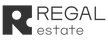 A horizontal monochrome logo for 'REGAL estate' on a white background. To the left is a bold, square icon containing a stylized negative-space letter 'R' with a circular cutout. To the right, the word 'REGAL' is written in a large, clean sans-serif font above the word 'estate' in a smaller, thinner typeface.