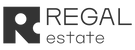 A horizontal monochrome logo for 'REGAL estate' on a white background. To the left is a bold, square icon containing a stylized negative-space letter 'R' with a circular cutout. To the right, the word 'REGAL' is written in a large, clean sans-serif font above the word 'estate' in a smaller, thinner typeface.