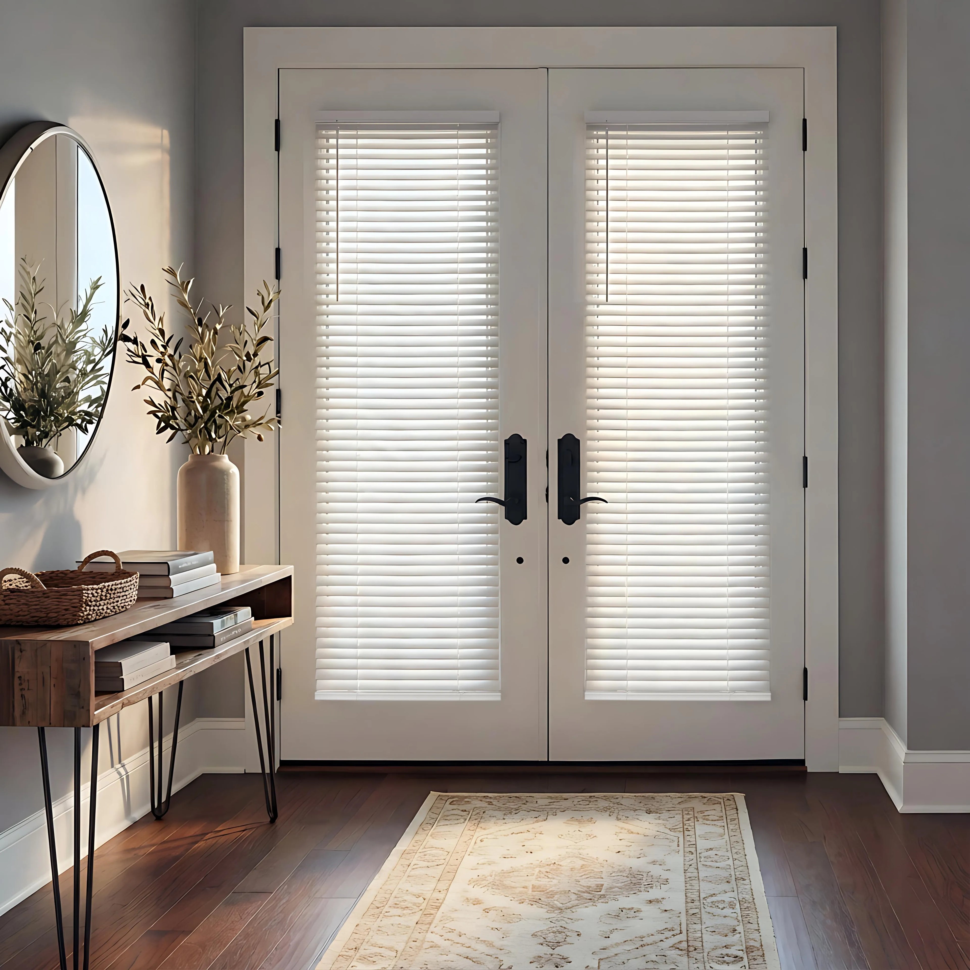 A bright, modern entryway featuring white double doors with built-in horizontal blinds and black hardware. To the left, a rustic wooden console table with hairpin legs holds books, a woven basket, and a vase with olive branches, positioned beneath a round wall mirror. A patterned cream rug sits on dark hardwood floors, illuminated by soft sunlight.