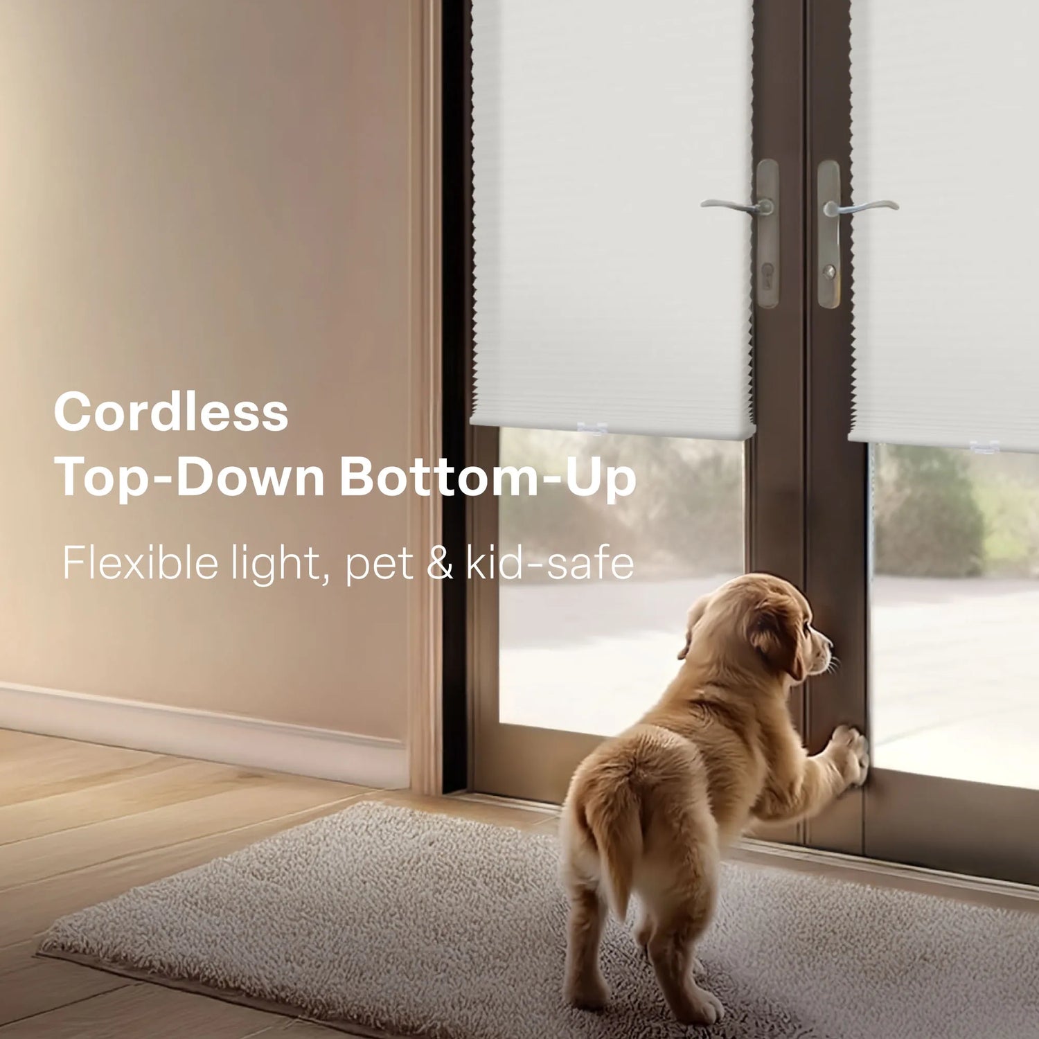 A bright lifestyle image showing a golden retriever puppy looking out of glass double doors. The doors are fitted with white &