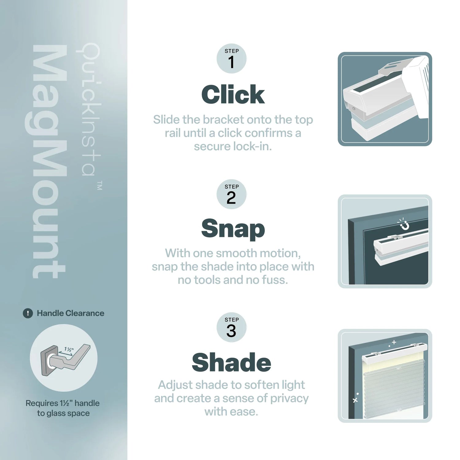 A three-step vertical installation guide for the QuickInsta MagMount. Step 1, &