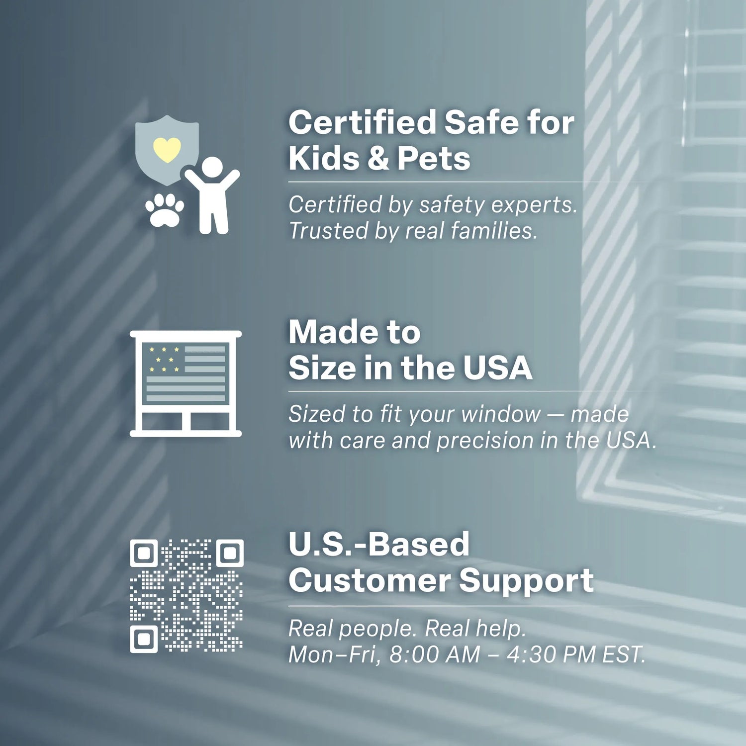 An informational graphic featuring three key service pillars against a background of soft window blind shadows. The first pillar, &