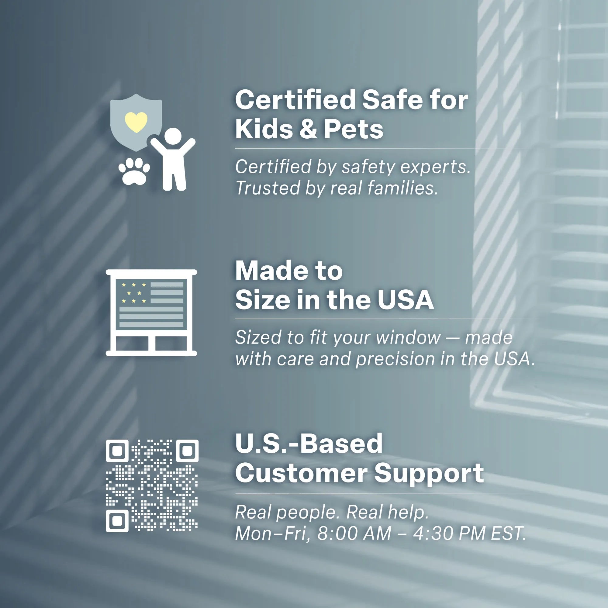 An informational graphic featuring three key service pillars against a background of soft window blind shadows. The first pillar, &