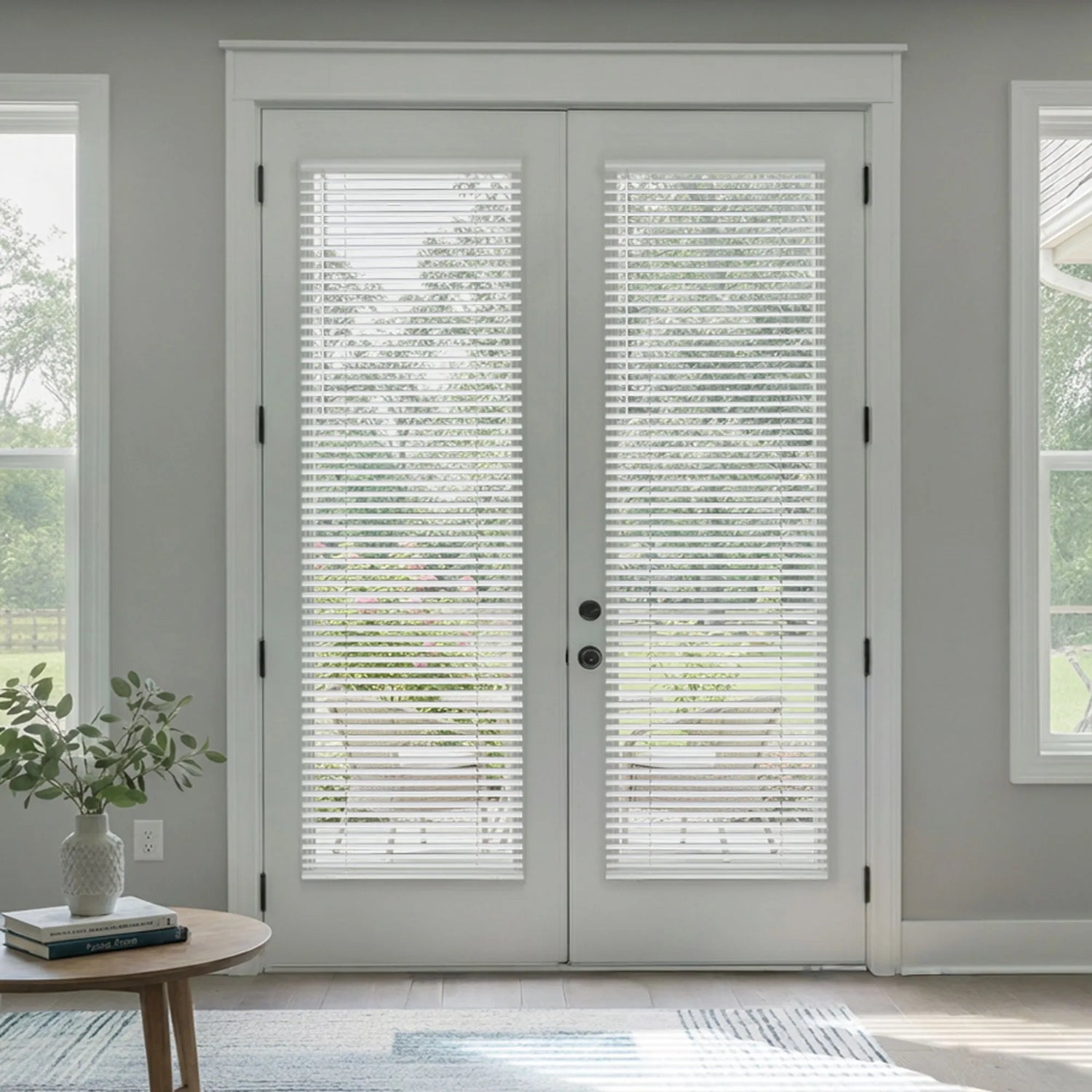 A bright, airy living space featuring white double French doors with large glass panes covered by white horizontal blinds. The doors look out onto a lush green backyard, with a soft blue-patterned rug on the floor and a small round wooden table in the foreground holding books and a potted plant.