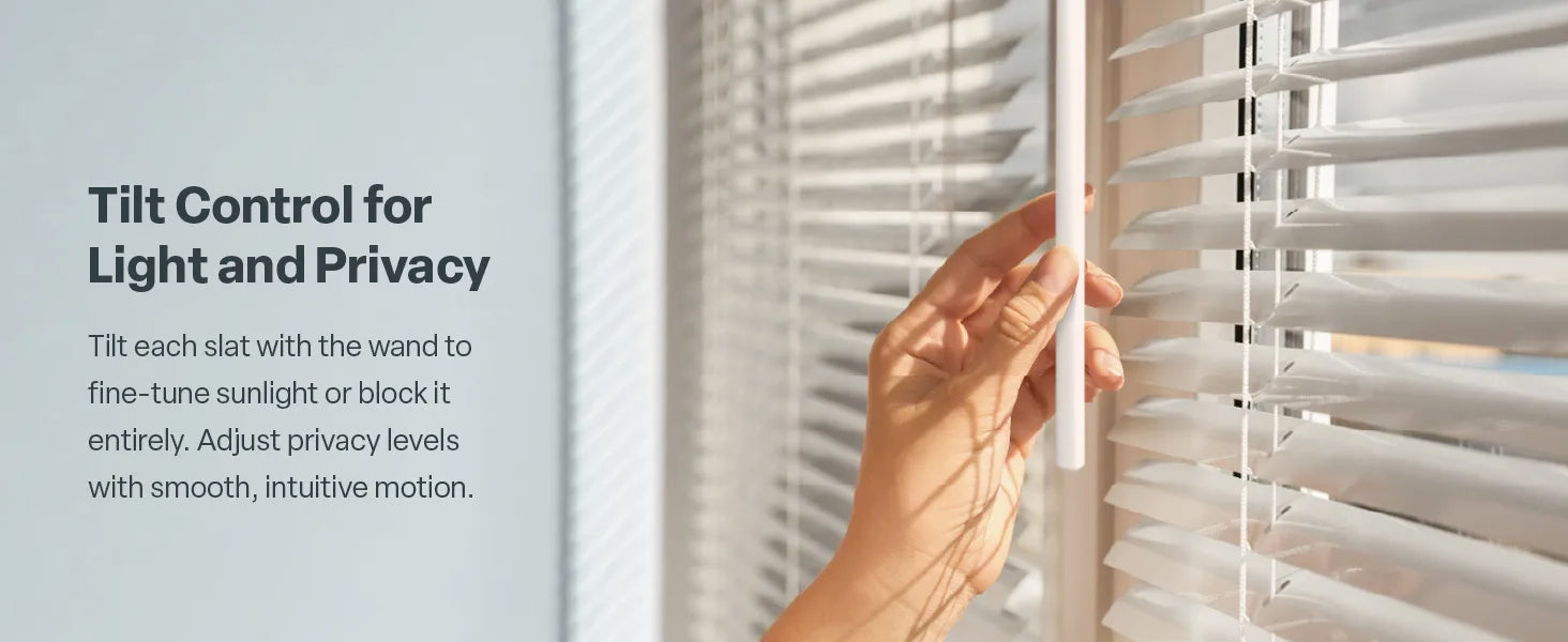 A close-up of a hand adjusting white horizontal blinds using a tilt wand to control sunlight. To the left, a text block on a light blue background reads 'Tilt Control for Light and Privacy,' followed by a description of how the wand allows for fine-tuning sunlight or blocking it entirely with smooth motion.