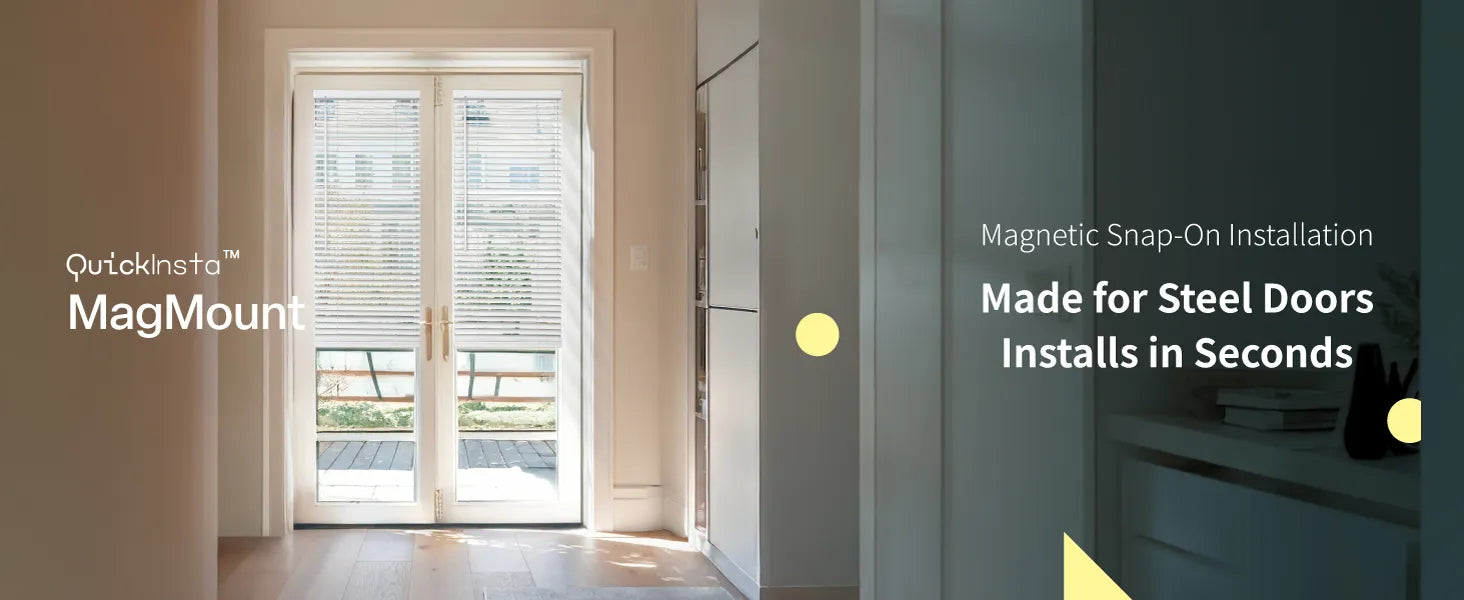 A lifestyle image promoting QuickInsta MagMount blinds, featuring a pair of white French doors with mini blinds installed over the glass panes. The text on the right highlights "Magnetic Snap-On Installation" and states the product is "Made for Steel Doors" and "Installs in Seconds." The scene is a bright, modern interior hallway with natural light streaming through the doors.