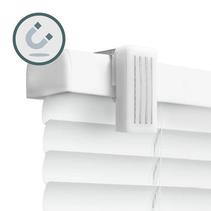 Magnetic clip detail on cordless mini blinds for metal door installation