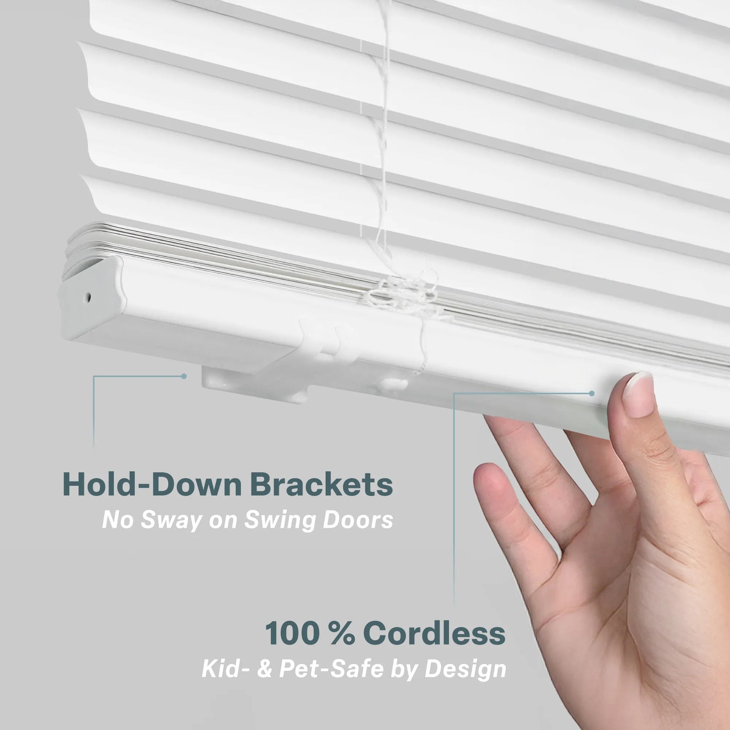 A close-up image showing a hand lifting the bottom rail of white horizontal blinds to demonstrate two key features: Hold-Down Brackets, which prevent swaying on swing doors, and a 100% Cordless design that is kid- and pet-safe. The clean, minimalist visual uses thin pointer lines to highlight the brackets and the cordless mechanism against a light gray background.
