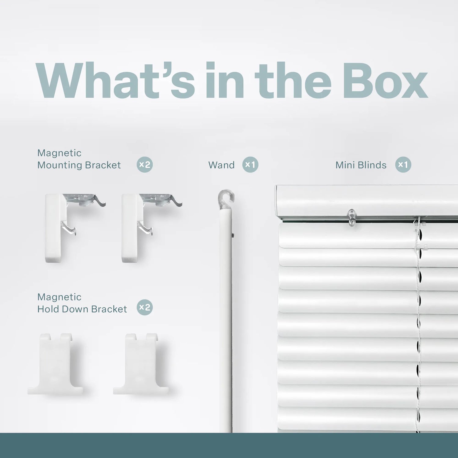 An organized product layout titled "What’s in the Box" showing the components of the MagMount blind system. The items displayed include two Magnetic Mounting Brackets, two Magnetic Hold Down Brackets, one Wand for adjusting slats, and one set of white Mini Blinds. Each component is clearly labeled with its quantity against a bright, neutral background for easy identification.