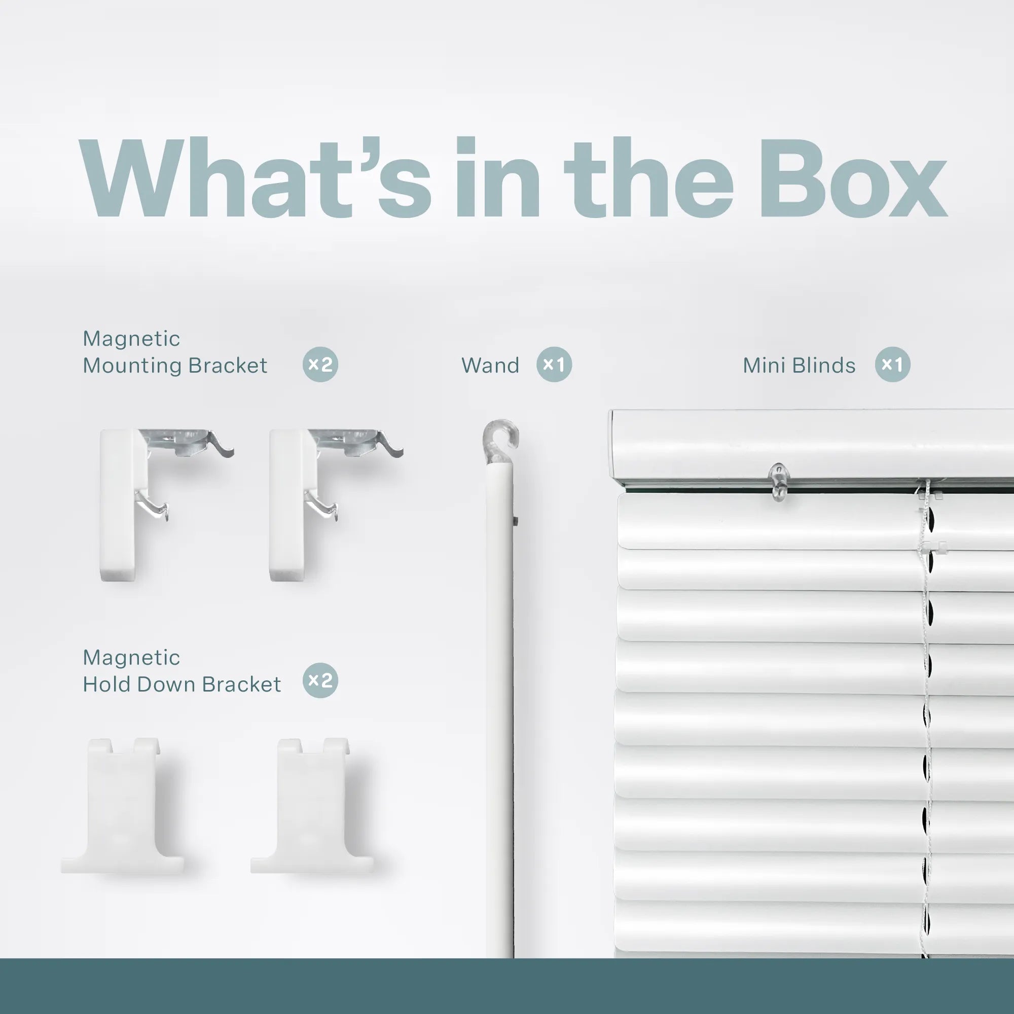 An organized product layout titled "What’s in the Box" showing the components of the MagMount blind system. The items displayed include two Magnetic Mounting Brackets, two Magnetic Hold Down Brackets, one Wand for adjusting slats, and one set of white Mini Blinds. Each component is clearly labeled with its quantity against a bright, neutral background for easy identification.