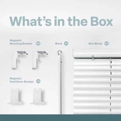 An organized product layout titled "What’s in the Box" showing the components of the MagMount blind system. The items displayed include two Magnetic Mounting Brackets, two Magnetic Hold Down Brackets, one Wand for adjusting slats, and one set of white Mini Blinds. Each component is clearly labeled with its quantity against a bright, neutral background for easy identification.