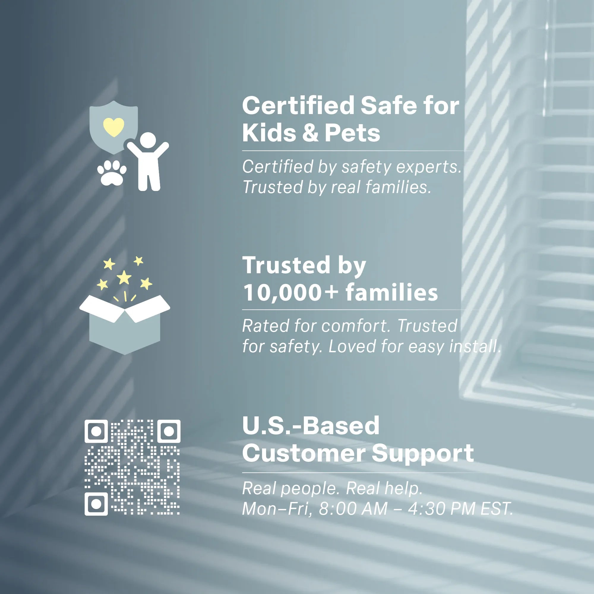 An informational graphic featuring three key service pillars against a background of soft window blind shadows. The first pillar, &
