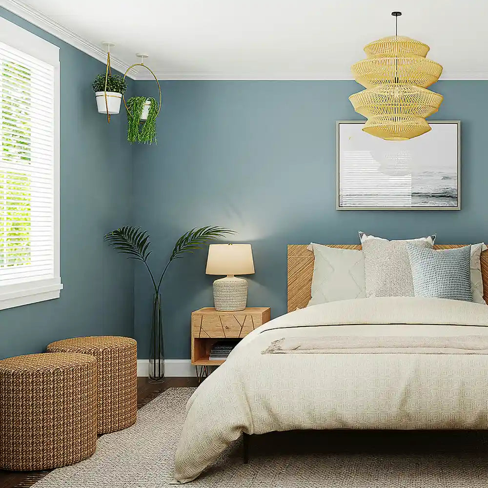 Bedroom with window shades providing privacy and soft light control for a comfortable and restful sleeping environment