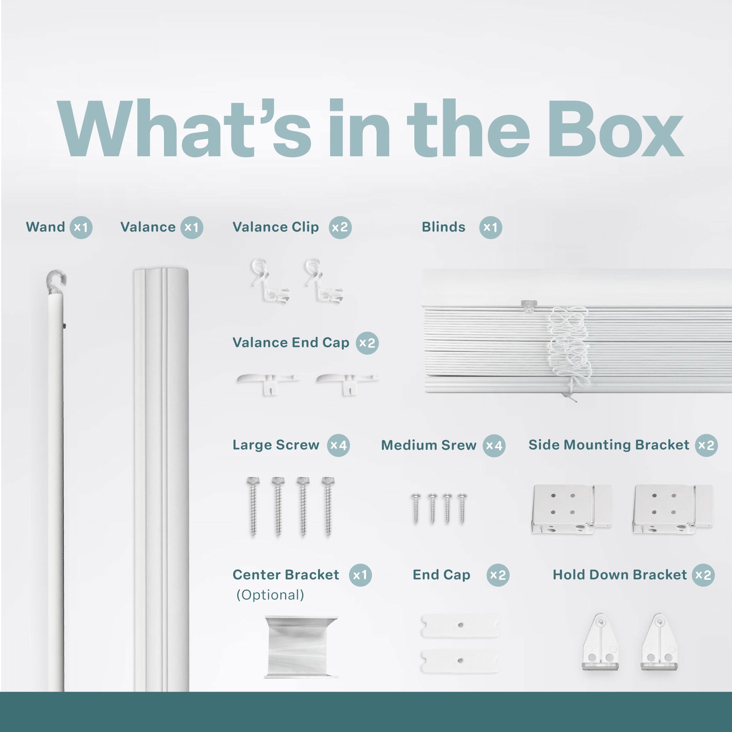 An organizational graphic titled "What’s in the Box" showing the included components for a window blind installation. Each item is pictured against a clean white background with its name and quantity labeled