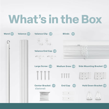 An organizational graphic titled "What’s in the Box" showing the included components for a window blind installation. Each item is pictured against a clean white background with its name and quantity labeled