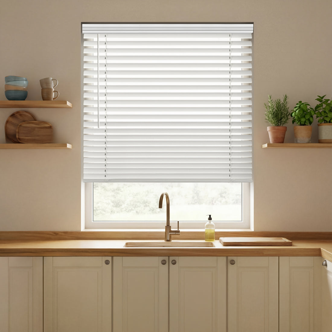 Kitchen with wooden countertops, a sink, and a window with white faux wood blinds.