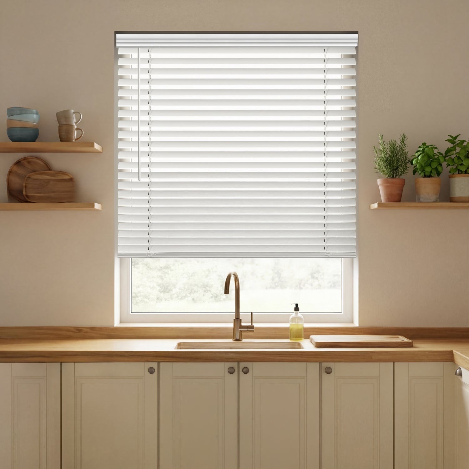 Kitchen with wooden countertops, a sink, and a window with white faux wood blinds.