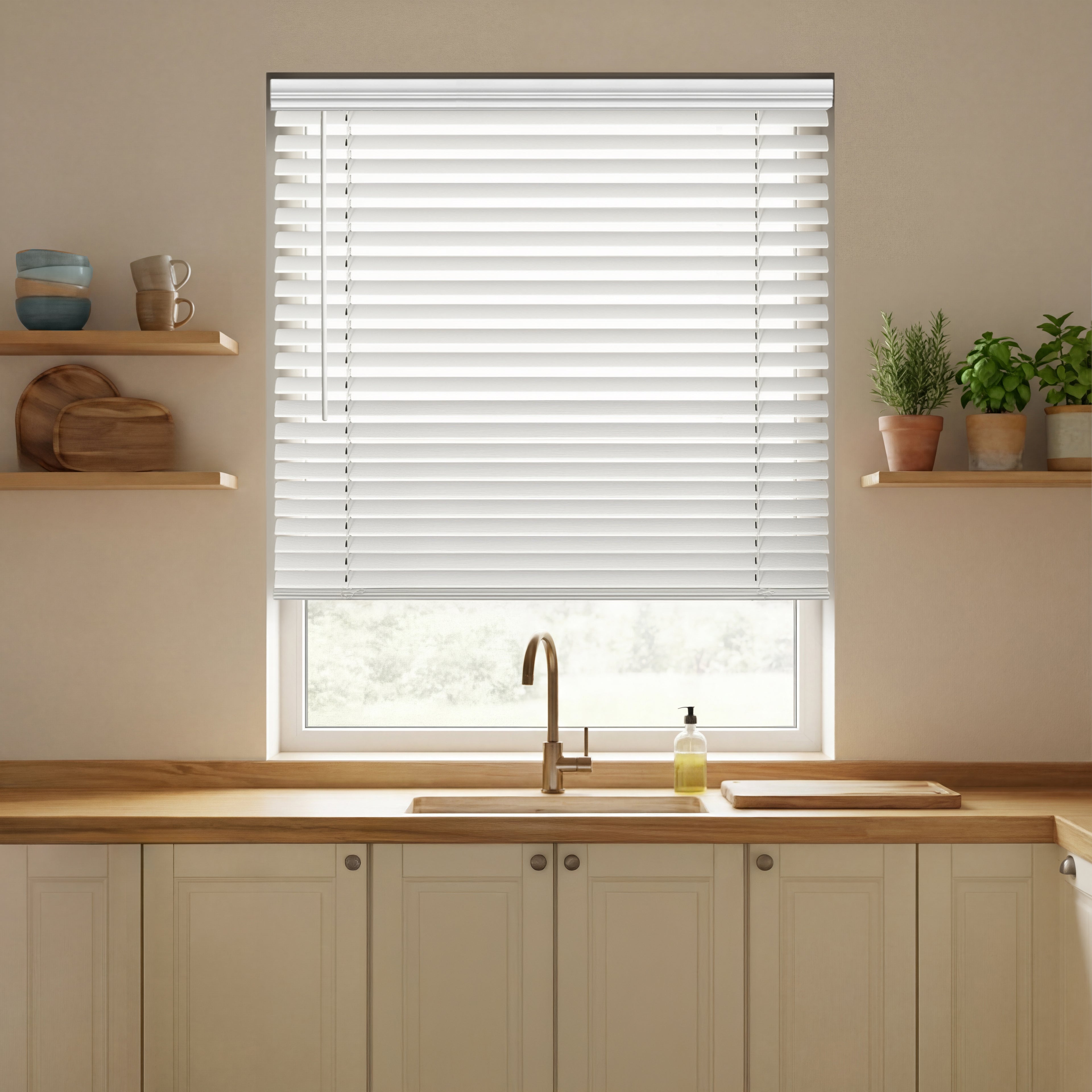 Kitchen with wooden countertops, a sink, and a window with white faux wood blinds.