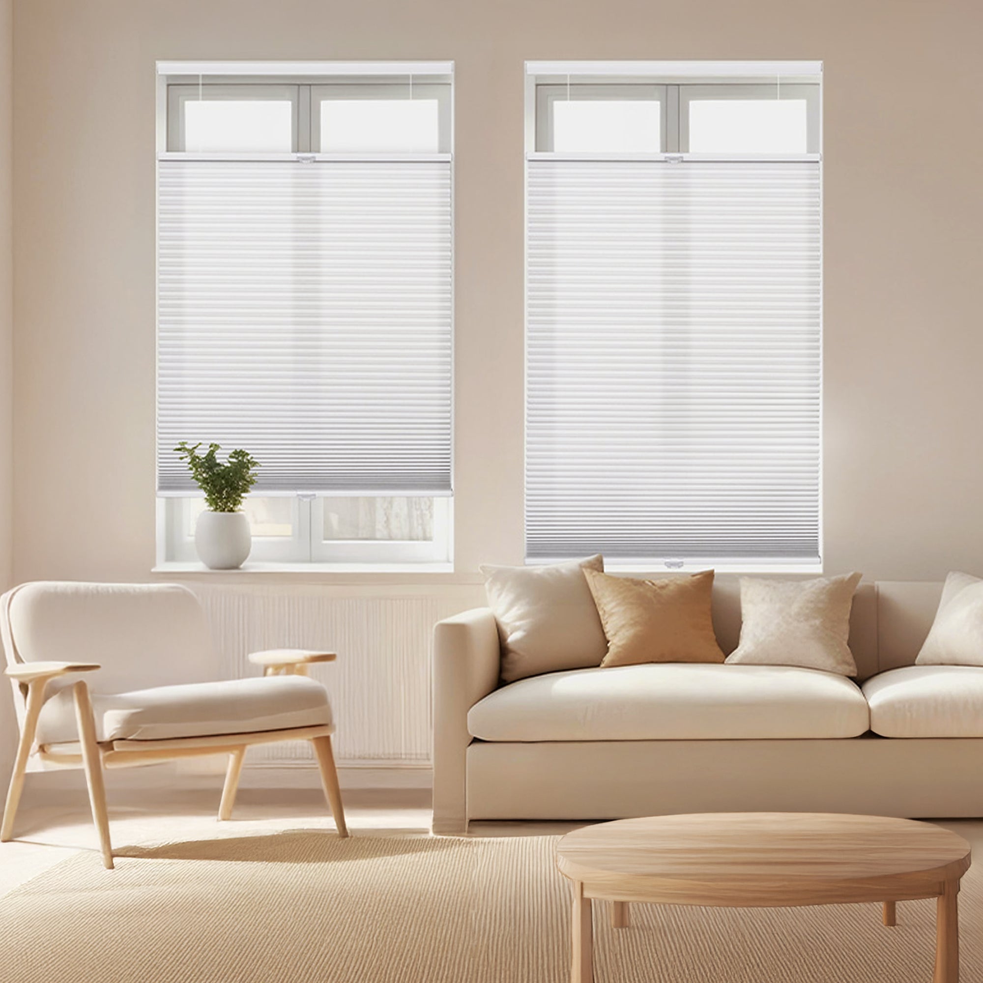 A bright, modern living room featuring two white cordless top-down bottom-up honeycomb shades installed on side-by-side windows. The minimalist space includes a cream-colored sofa with earth-tone pillows, a light wood armchair, and a small potted plant on the windowsill, all bathed in soft, natural light.