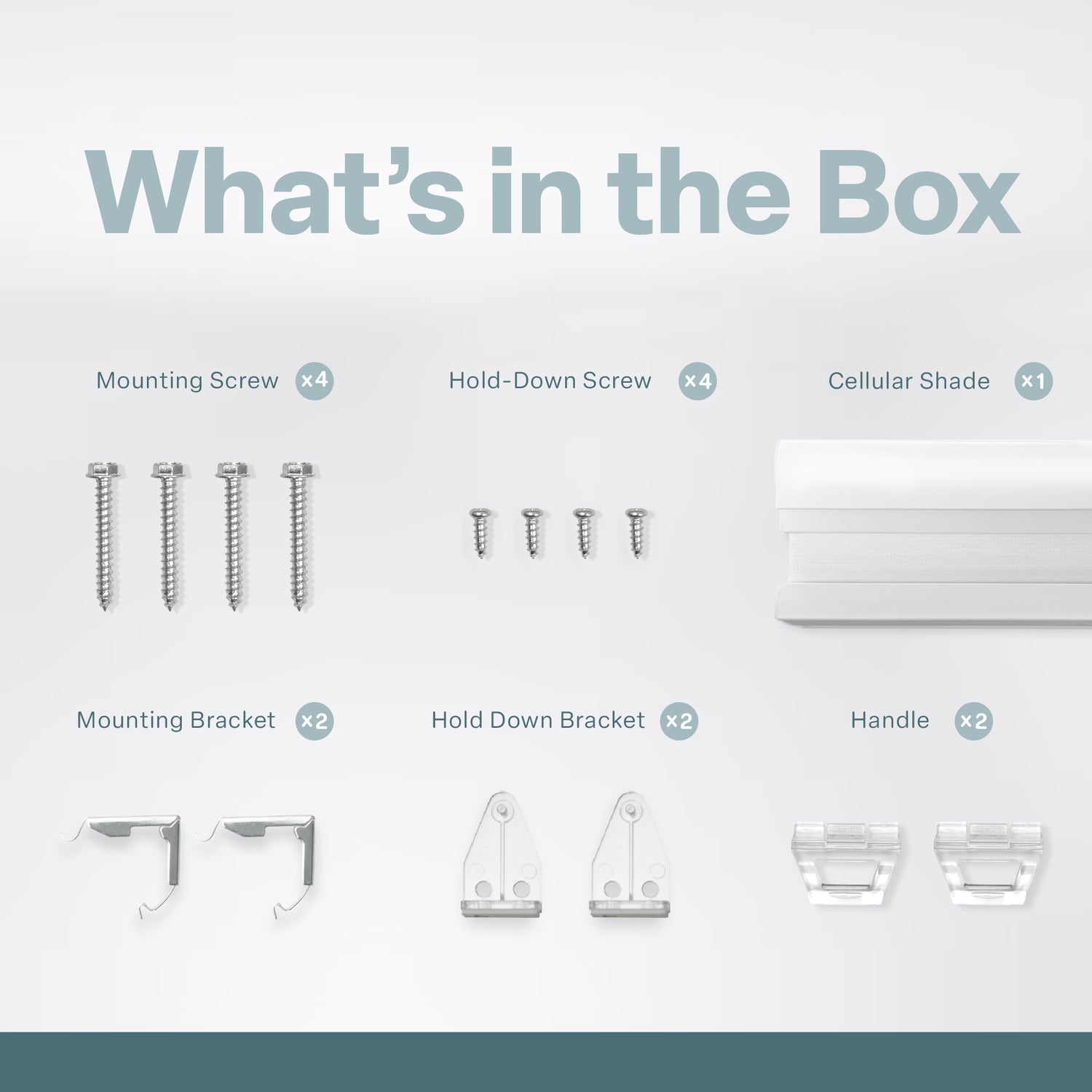 An organized layout of window blind hardware on a white background under the heading &