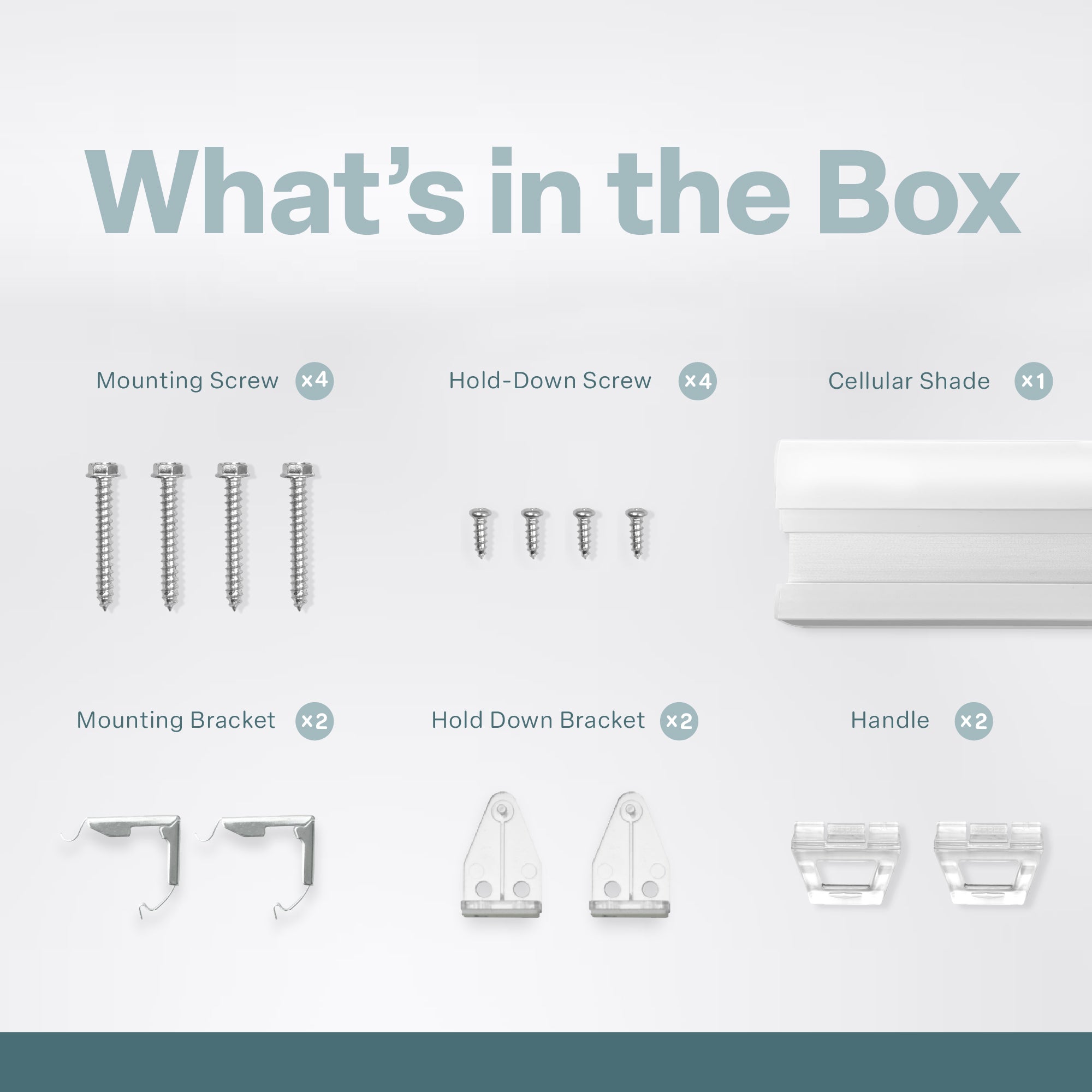 An organized layout of window blind hardware on a white background under the heading &