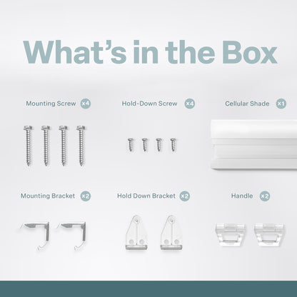 An organized layout of window blind hardware on a white background under the heading &