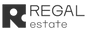 A horizontal monochrome logo for 'REGAL estate' on a white background. To the left is a bold, square icon containing a stylized negative-space letter 'R' with a circular cutout. To the right, the word 'REGAL' is written in a large, clean sans-serif font above the word 'estate' in a smaller, thinner typeface.