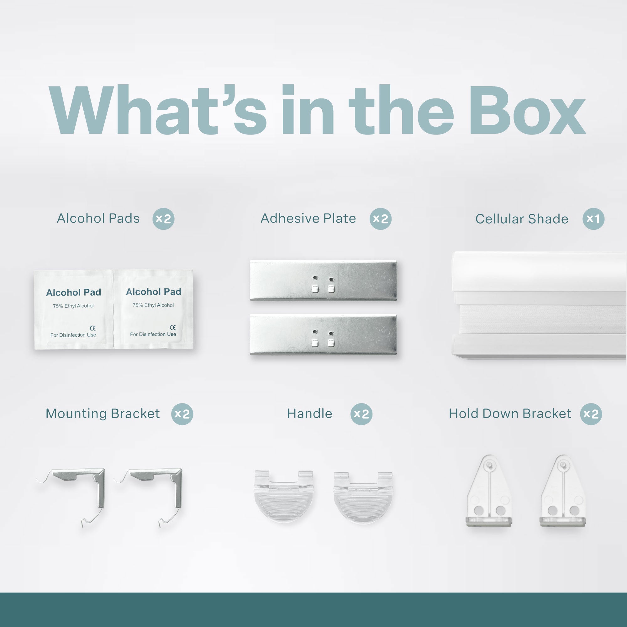 List of items included in a box with icons and text on a light gray background
