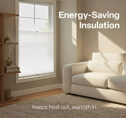 Living room with energy-saving insulation blinds and text &