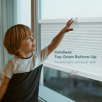 Child interacting with a window blind system, with text describing the product.