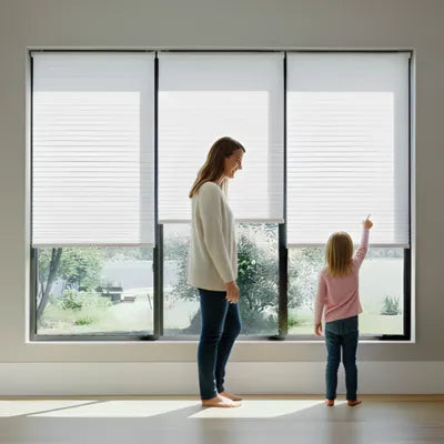 A woman and a young child stand in a brightly lit room in front of three large windows. Each window is fitted with a white cordless cellular shade. The child is pointing at the middle shade while the woman looks on smiling. Through the lower half of the windows, a green outdoor landscape is visible.