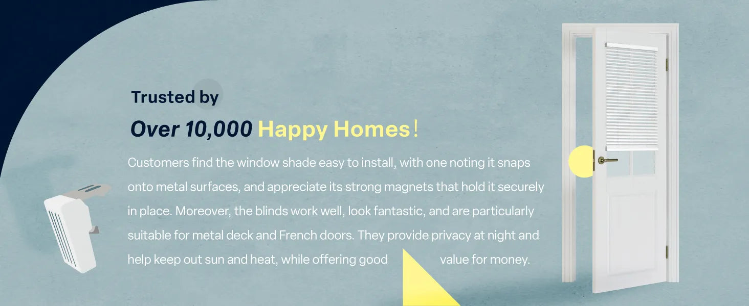 A wide banner featuring a white door with a magnetic window shade installed on its glass pane. The text 'Trusted by Over 10,000 Happy Homes!' is displayed on a light blue background, accompanied by a summary of customer reviews highlighting easy installation on metal surfaces, strong magnets, and suitability for French doors.