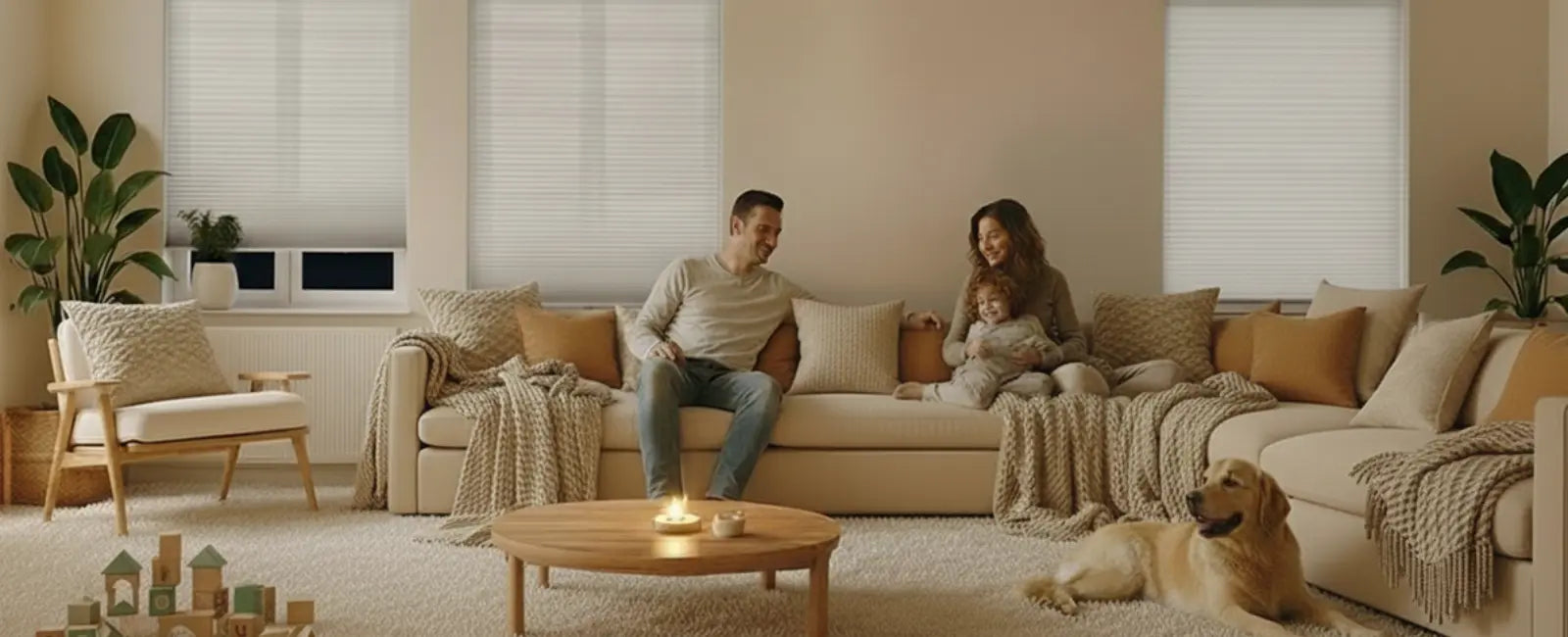 Family relaxing in a cozy living room with top-down bottom-up light filtering shades providing soft natural light, privacy, and a warm modern home atmosphere
